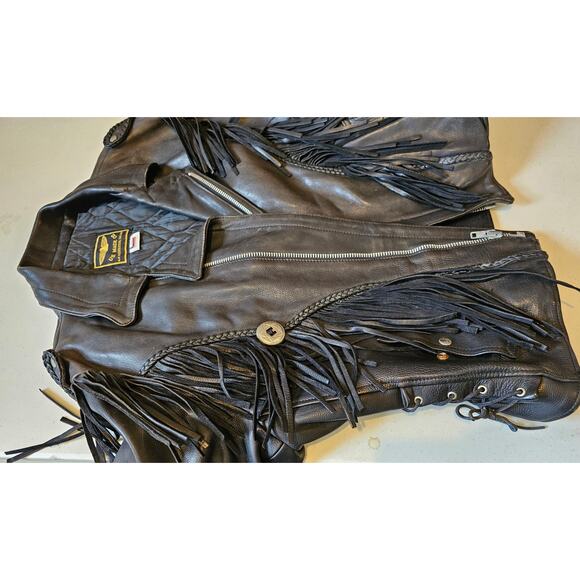 VINTAGE U.S. MADE Co. Black Leather Fringe Motorcycle Jacket Coat Men's XXL - Picture 8 of 16